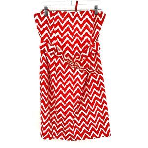 MILLY Orange White Chevron Print Belted Strapless 100% Cotton Mini Dress Size 12